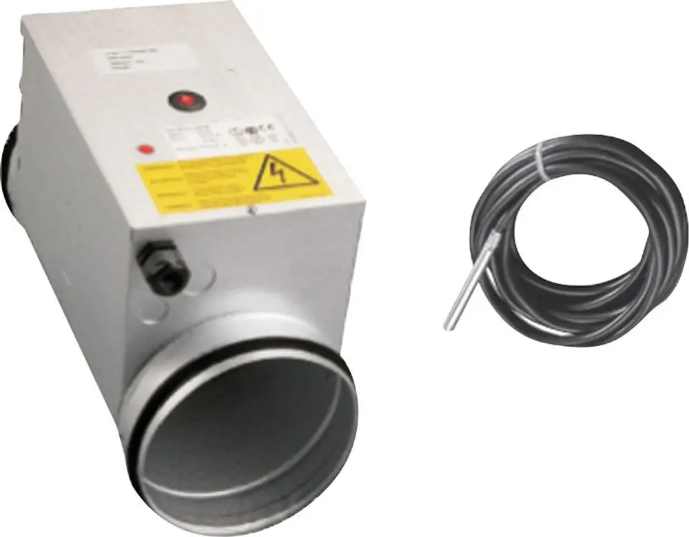 Elektrisches Nachheizregister-Set von Bosch, bestehend aus einem Gehäuse mit Anschluss und einem Temperaturfühler, zur Installation in Lüftungssystemen.
